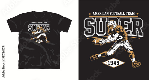 American football team player catching ball super 1945 vintage illustration