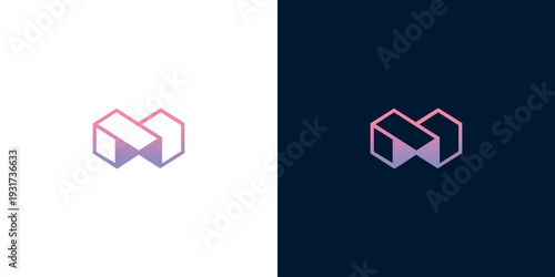 Geometric abstract logo in a 3D isometric style with a gradient color palette on a white and dark background