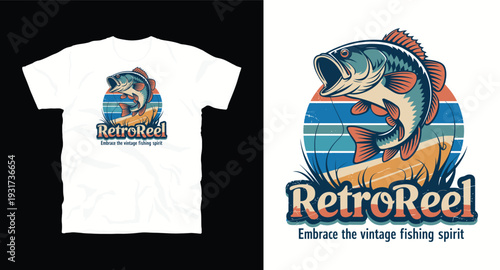 Bass fishing retro reel t-shirt illustration with jumping fish and vintage sunset circle