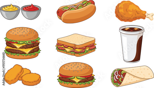 Fast food and snacks collection with burger sandwich hot dog and nuggets in cartoon style