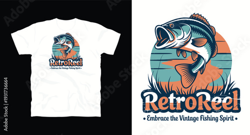 Retro reel bass fishing t-shirt design with jumping fish and vintage sunset background