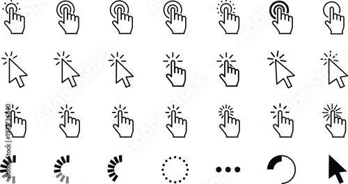 Click and Loading Animation Icons Set with Hand Tap Cursor Pointer Progress Spinner and Interaction Symbols Vector Collection