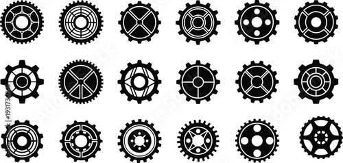 Black silhouette vector illustration of twenty mechanical gear icons arranged in grid, showing cogwheel variations, isolated design for engineering and stock content