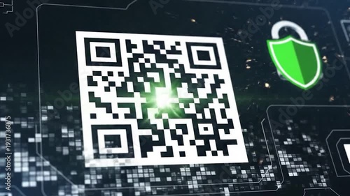 Digital QR code being scanned by a green laser beam for secure data verification