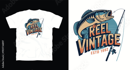 A retro vintage fishing emblem featuring a large bass fish and fishing rod for apparel design