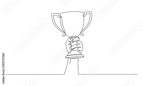 Continuous one line drawing of hand holds trophy cup competition. Victory, and achievement from the contest. The theme is victory and awards.
