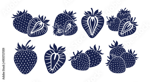 Stylized Strawberry Vector Icons Set Fresh Fruit Dessert Element Design Collection