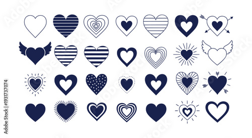 Versatile Heart Icons Collection Love Romance Affection Doodle Silhouette Outline Graphic Elements Set