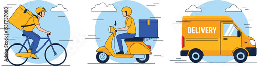 Fast food delivery service icons with courier on bicycle scooter and delivery van