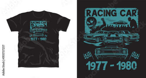 Retro racing car t-shirt design featuring vintage muscle cars with skeleton racer and checkered flags in monochrome style