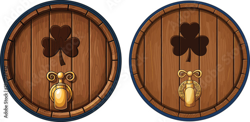 Round wooden doors with golden knockers and clover silhouettes, rustic decorative illustration for fantasy, medieval, architectural, and spot‑the‑difference design concepts