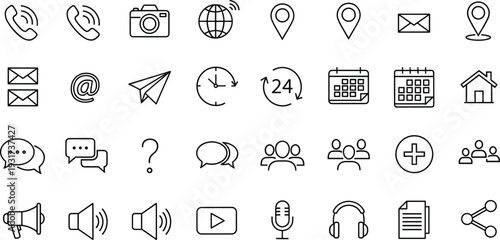 Communication and Interface Thin Line Icons Set with Phone Email Location Calendar Chat Media and Web Symbols Vector Collection