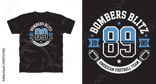 Bombers blitz american football team design with number 89 and football balls, t-shirt graphic design