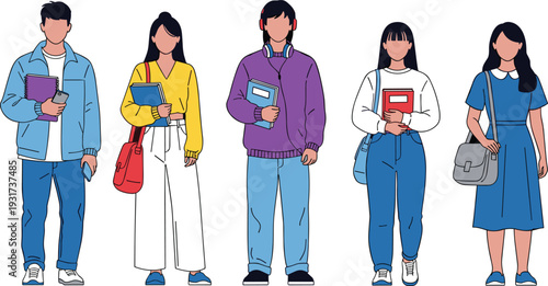 Set of diverse university students and high school teenagers with books and backpacks