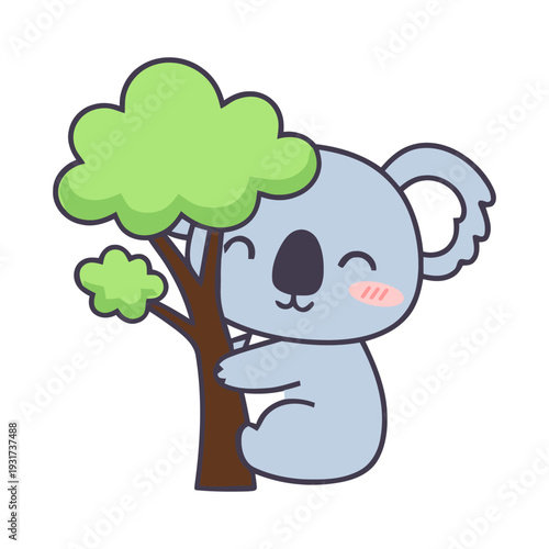 A cute cartoon koala bear with rosy cheeks happily hugging a green-leafed tree.