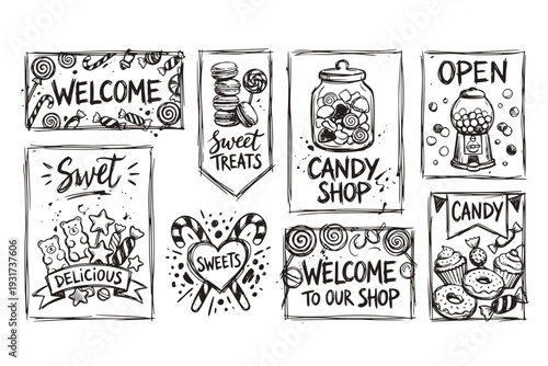 Candy Shop Welcome Banner Sweets Inviting Poster Candy Macaroon Candy Cane Lollipop Caramel Marmalade Confection
