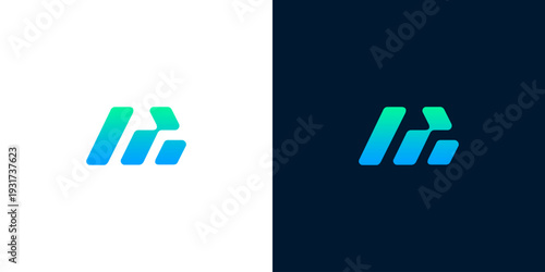 Abstract geometric logo with gradient blue and green colors on white and dark backgrounds