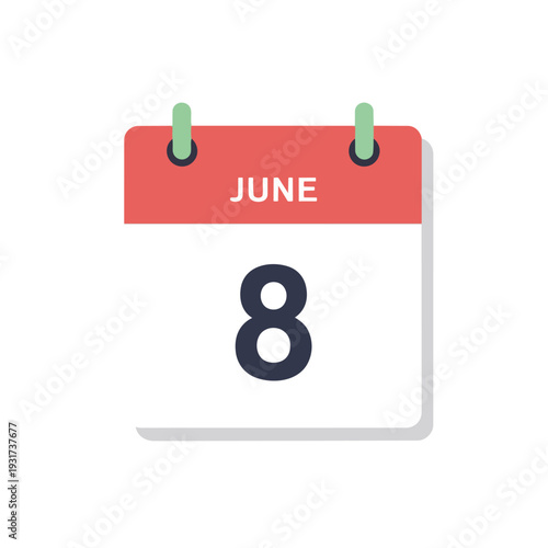 Modern flat design calendar icon displaying June 8th date for essential scheduling and planning