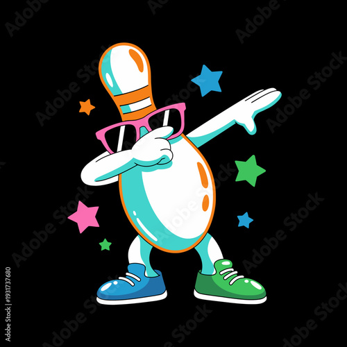 A playful bowling pin character strikes a dabbing pose against a colorful starry backdrop.