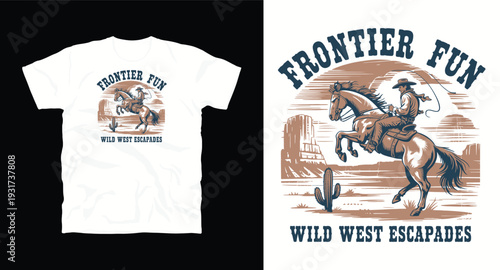 Frontier fun wild west escapades t-shirt design with cowboy riding horse in desert landscape