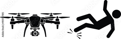 Silhouette drone accident concept showing quadcopter with camera and distressed falling person, symbolizing drone safety risks, aerial hazards, and technology impact on human security awareness