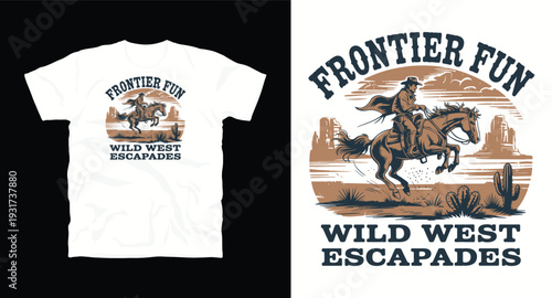 Frontier fun wild west escapades vintage cowboy horse rider desert canyon t-shirt design