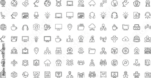 Comprehensive Outline Icon Set with Business Communication and Technology Symbols Including Computers, World Globes, Teamwork Icons, Office Furniture, and Cloud Computing Graphics for Corporate Media