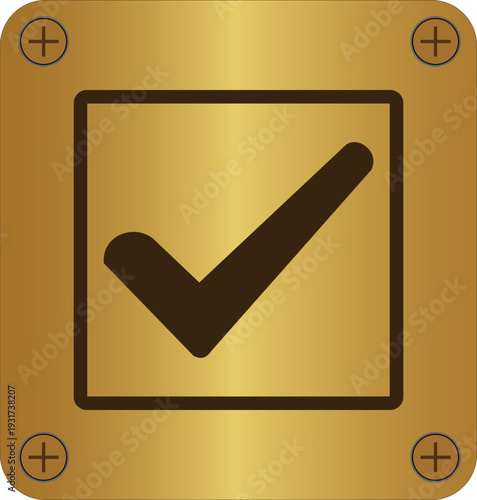 Black check mark inside a square outline on a golden metallic background with four corner rivets, approval symbol, success icon, confirmation graphic vector illustration