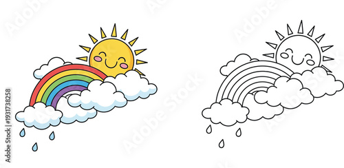 Kawaii weather illustration with smiling sun, rainbow, clouds, and raindrops. Includes colorful and black-and-white coloring page versions.