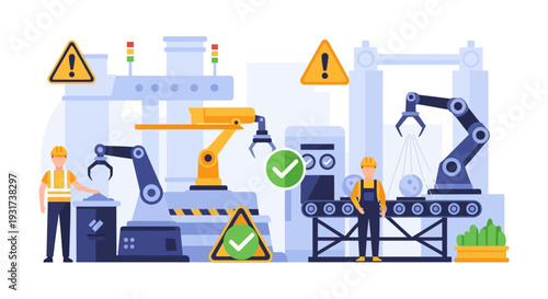 Industrial Automation & Smart Manufacturing: Robots, Workers, Safety, and Quality Control Processes in Modern Production.