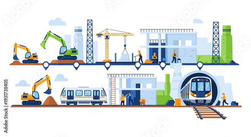 Urban Infrastructure Construction Process Infographic: Building Development, Metro Train Tunneling, Excavators & Workers on Site