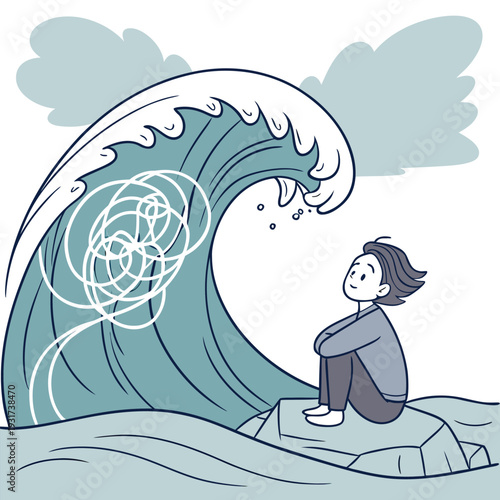 a character sitting calmly while a huge wave made of tangled thoughts rises behind them, clean conceptual style, cool blue tones,