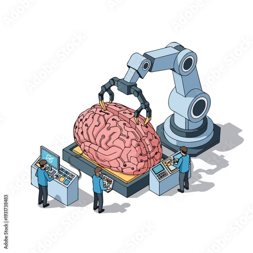 Advanced AI brain development concept: Engineers and robotic arm working on a human brain with integrated circuits, symbolizing machine learning and cognitive enhancement.