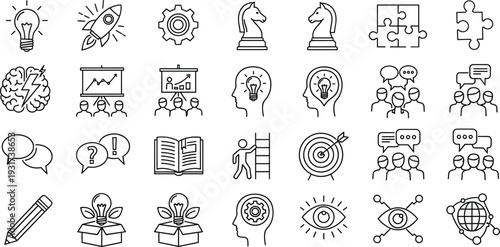 Creative Thinking and Business Strategy Icon Set Featuring Light Bulbs, Rocket Launch, Chess Knights, Brainstorming Symbols, and Team Collaboration Graphics for Corporate Planning