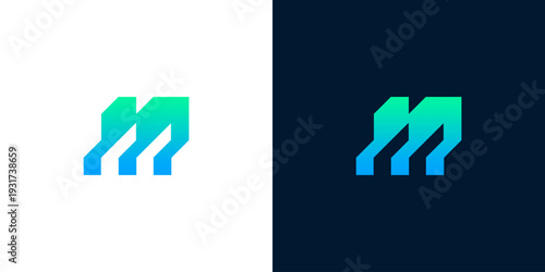 Abstract M letter logo design in gradient blue and green colors, minimalist geometric mark for business and technology