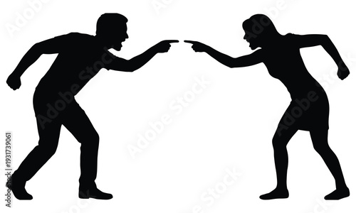 Man Woman Arguing Pointing Each Other Silhouette Vector — Angry Couple Dispute Fight Black Isolated Clipart