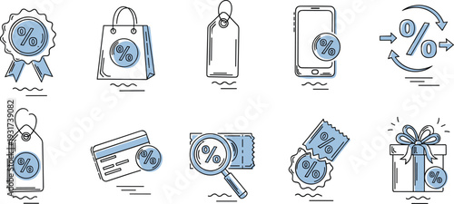Discount and Promotion Thin Line Icons Set with Percent Badge Shopping Bag Price Tag Coupon Smartphone and Gift Symbols Vector Collection