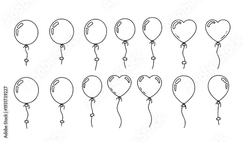 Black outline birthday balloon icon set with heart and round helium party balloons vector collection