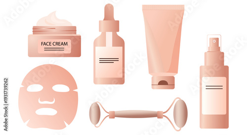 skincare products including face cream, serum, sheet mask, and roller