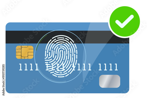 Secure credit card payment with fingerprint authentication and approval checkmark