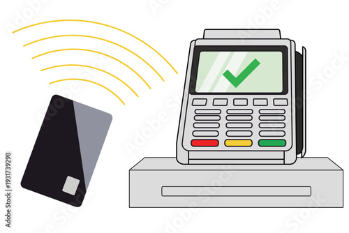 Contactless payment with credit card and terminal showing a green checkmark