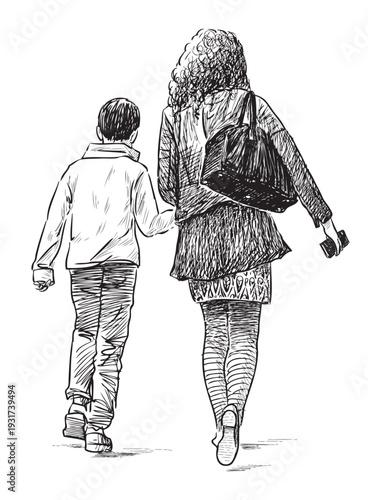 Young mother with son walking along street, casual city pedestrians, realistic sketch, vector hand drawn illustration isolated on white background