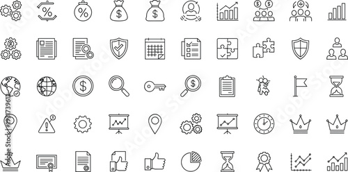 Finance and Business Line Icons Set with Money Bags, Growth Charts, Shields, Documents, Awards and Strategy Symbols Vector Outline Collection