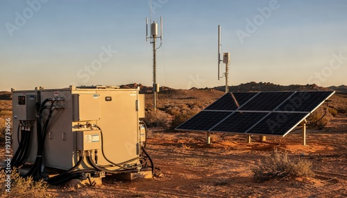 Battery bank in sharp focus beside solar arrays capturing essential offgrid power storage for rural communication transmitters under clear desert skies.