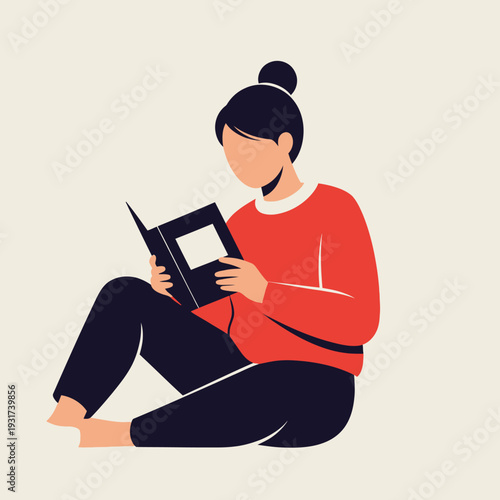 Young Woman Reading Book Sitting on Floor, Casual Leisure Time, Cozy Atmosphere