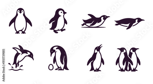 Black and white penguin silhouettes set showing various poses like swimming jumping and standing, flat vector animal icons for logo and educational design