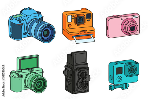 Set of different types of photo cameras including DSLR mirrorless instant film twin lens reflex and action camera icons isolated on white background