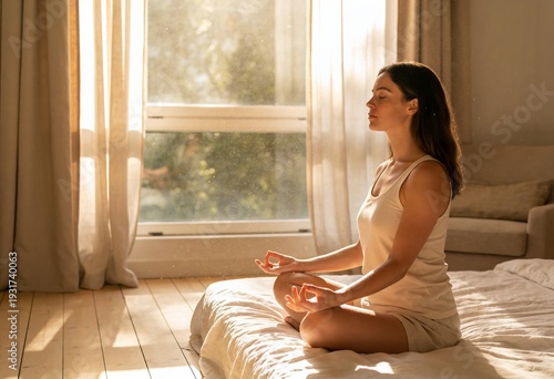 Woman meditating on bed in sunlit bedroom, morning mindfulness and self care at home, peaceful yoga practice with warm natural light