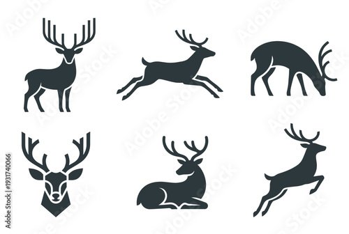 Set of deer silhouettes in different poses including standing jumping running and grazing for nature wildlife conservation and hunting club logo design
