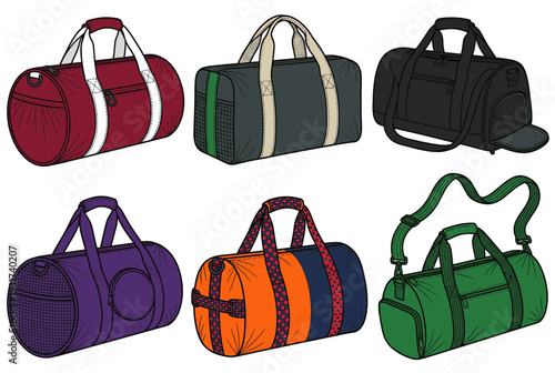 Professional sports duffel bags and gym luggage collection in various colors and designs for fitness training, travel, and athletic lifestyle activities